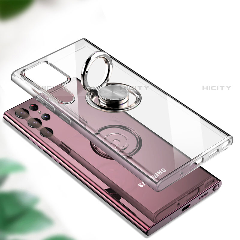 Coque Ultra Slim Silicone Souple Housse Etui Transparente avec Support Bague Anneau Aimante Magnetique S05 pour Samsung Galaxy S21 Ultra 5G Plus