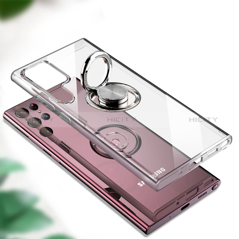 Coque Ultra Slim Silicone Souple Housse Etui Transparente avec Support Bague Anneau Aimante Magnetique S05 pour Samsung Galaxy S24 Ultra 5G Plus