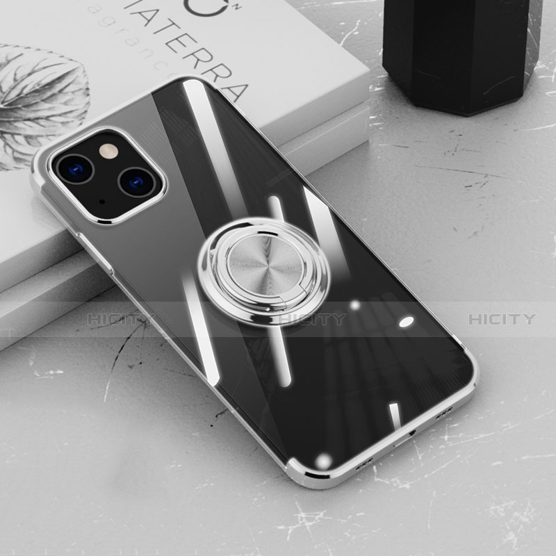 Coque Ultra Slim Silicone Souple Housse Etui Transparente avec Support Bague Anneau Aimante Magnetique Z02 pour Apple iPhone 13 Mini Argent Plus