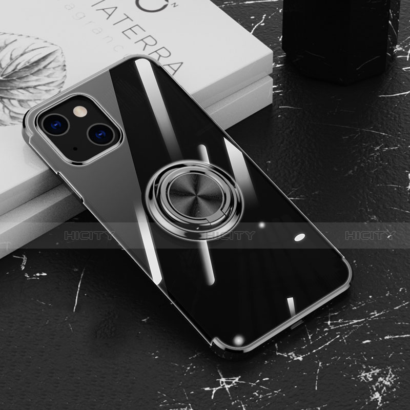 Coque Ultra Slim Silicone Souple Housse Etui Transparente avec Support Bague Anneau Aimante Magnetique Z02 pour Apple iPhone 13 Mini Noir Plus