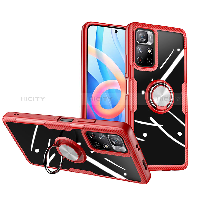 Coque Ultra Slim Silicone Souple Housse Etui Transparente avec Support Bague Anneau Aimante Magnetique ZL1 pour Xiaomi Redmi Note 11 5G Rouge Plus