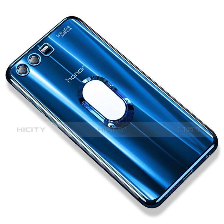 Coque Ultra Slim Silicone Souple Housse Etui Transparente avec Support Bague Anneau S01 pour Huawei Honor 9 Bleu Plus