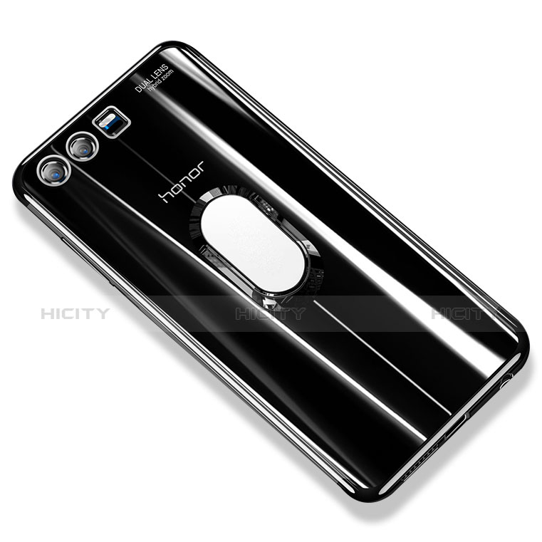 Coque Ultra Slim Silicone Souple Housse Etui Transparente avec Support Bague Anneau S01 pour Huawei Honor 9 Noir Plus