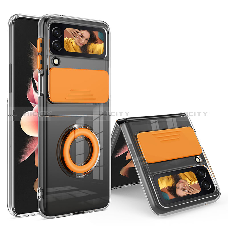 Coque Ultra Slim Silicone Souple Housse Etui Transparente avec Support Bague Anneau S01 pour Samsung Galaxy Z Flip3 5G Orange Plus