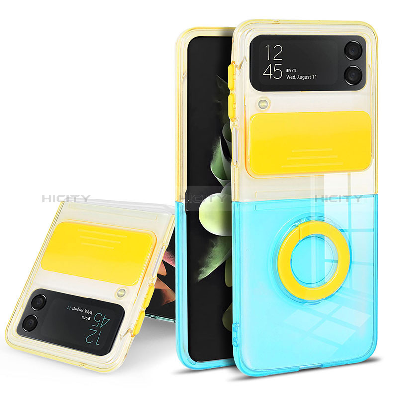 Coque Ultra Slim Silicone Souple Housse Etui Transparente avec Support Bague Anneau S02 pour Samsung Galaxy Z Flip3 5G Jaune Plus