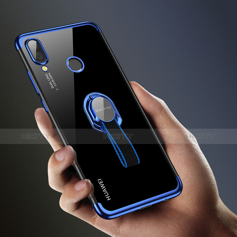 Coque Ultra Slim Silicone Souple Transparente avec Support Bague Anneau pour Huawei Nova 3e Bleu Plus