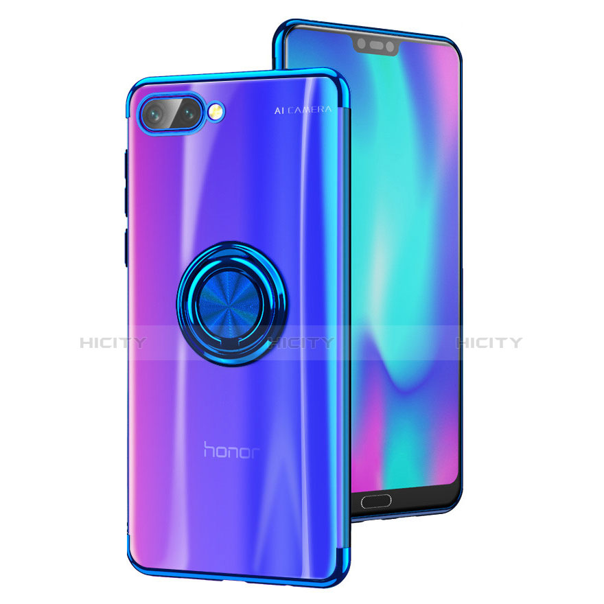 Coque Ultra Slim Silicone Souple Transparente avec Support Bague Anneau S01 pour Huawei Honor 10 Bleu Plus