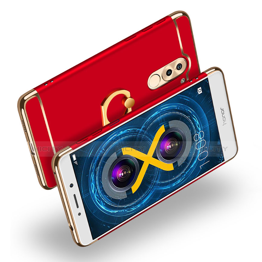 Etui Bumper Luxe Metal et Plastique avec Support Bague Anneau A02 pour Huawei Honor 6X Pro Rouge Plus