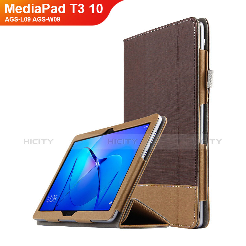 Etui Clapet Portefeuille Livre Cuir L06 pour Huawei MediaPad T3 10 AGS-L09 AGS-W09 Marron Plus