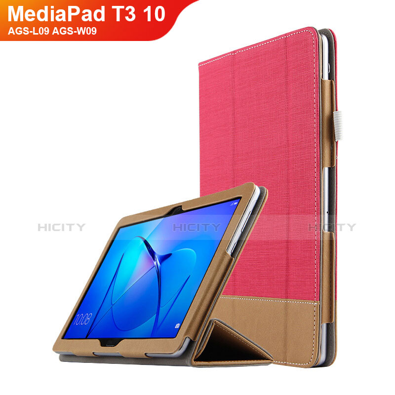 Etui Clapet Portefeuille Livre Cuir L06 pour Huawei MediaPad T3 10 AGS-L09 AGS-W09 Rouge Plus