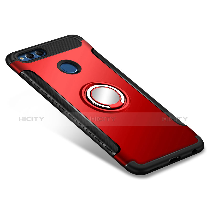 Etui Contour Silicone et Plastique Mat avec Support Bague Anneau pour Huawei Honor 7X Rouge Plus