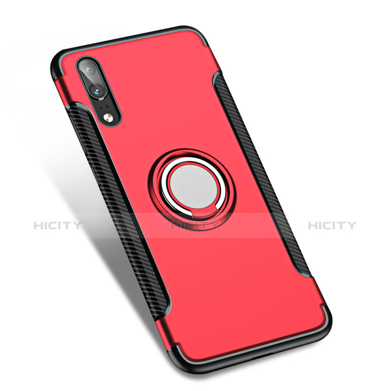 Etui Contour Silicone et Plastique Mat avec Support Bague Anneau pour Huawei P20 Rouge Plus