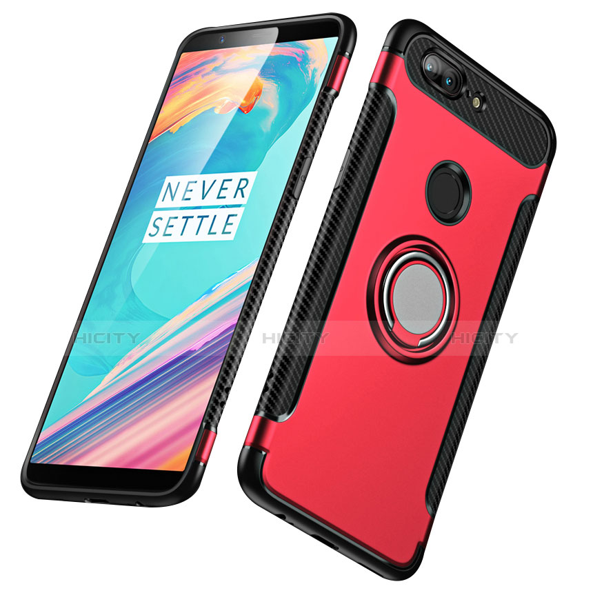 Etui Contour Silicone et Plastique Mat avec Support Bague Anneau pour OnePlus 5T A5010 Rouge Plus