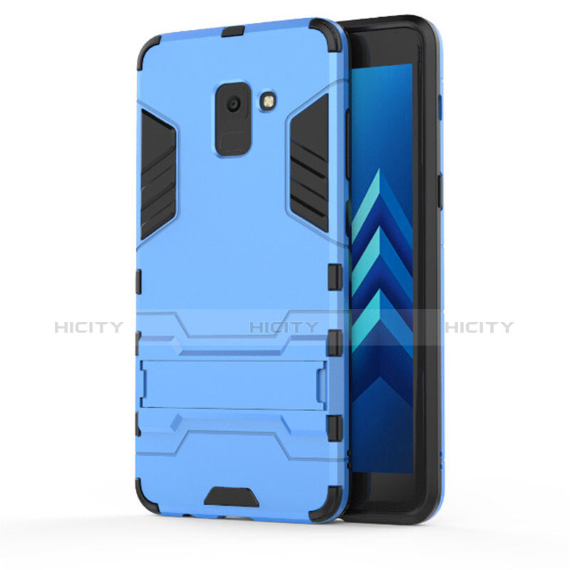 Etui Contour Silicone et Plastique Mat avec Support pour Samsung Galaxy A8+ A8 Plus (2018) Duos A730F Bleu Plus