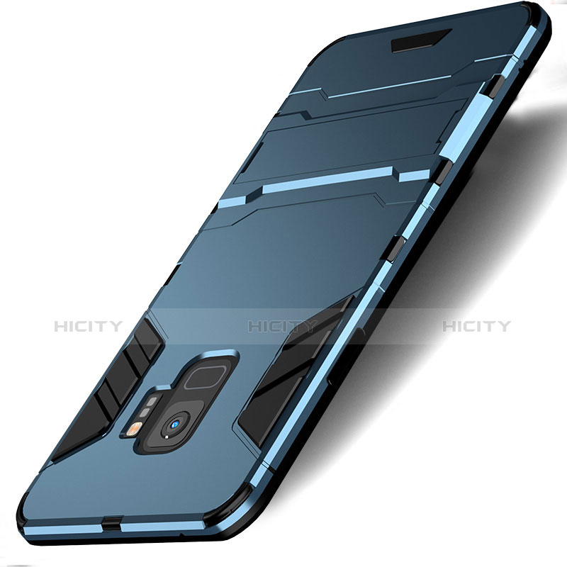 Etui Contour Silicone et Plastique Mat avec Support pour Samsung Galaxy S9 Bleu Plus