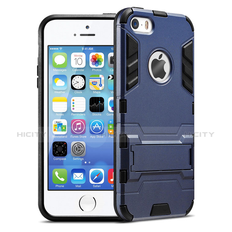 Etui Contour Silicone et Vitre Mat avec Support pour Apple iPhone 5S Bleu Plus