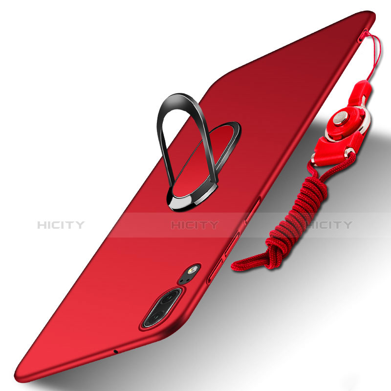 Etui Plastique Rigide Mat avec Support Bague Anneau et Laniere pour Huawei P20 Rouge Plus