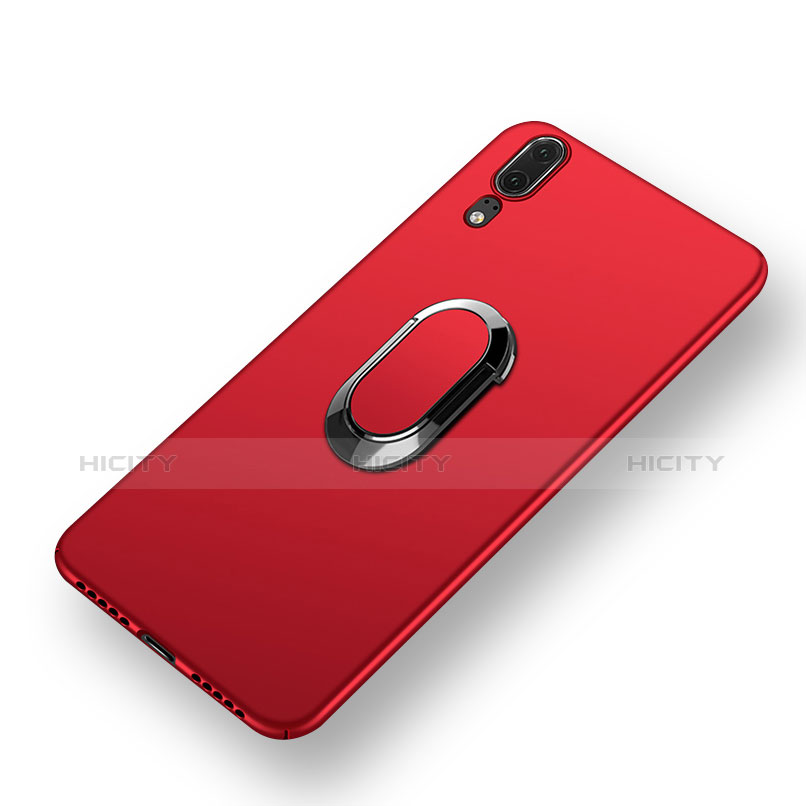 Etui Plastique Rigide Mat avec Support Bague Anneau et Laniere pour Huawei P20 Rouge Plus