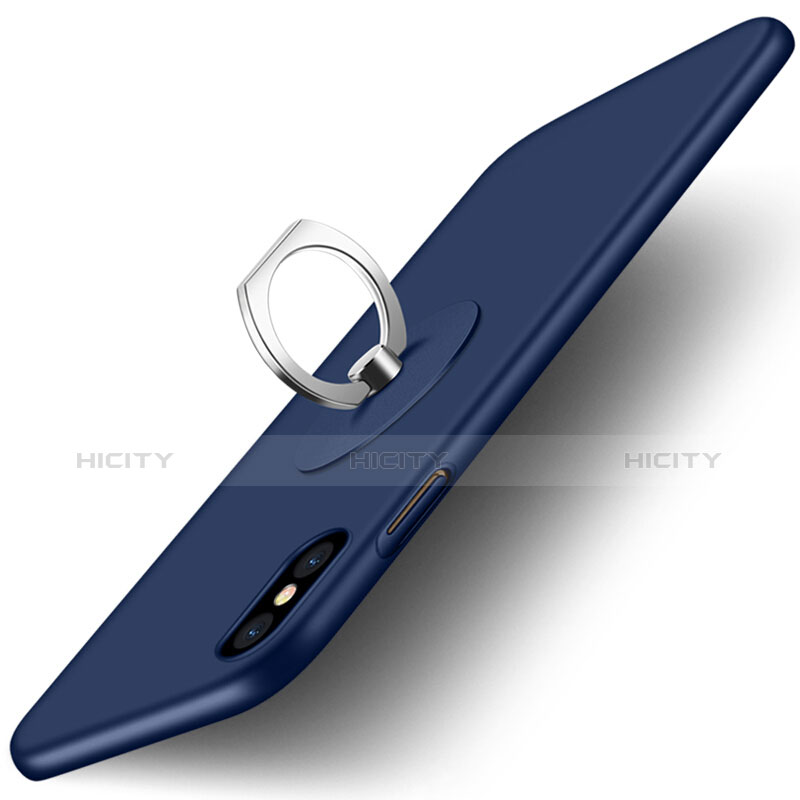 Etui Plastique Rigide Mat et Support Bague Anneau pour Apple iPhone X Bleu Plus