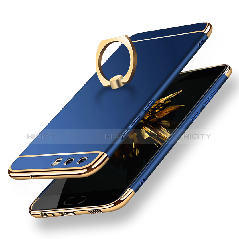 Housse Contour Luxe Metal et Plastique avec Support Bague Anneau A01 pour Huawei P10 Bleu Plus