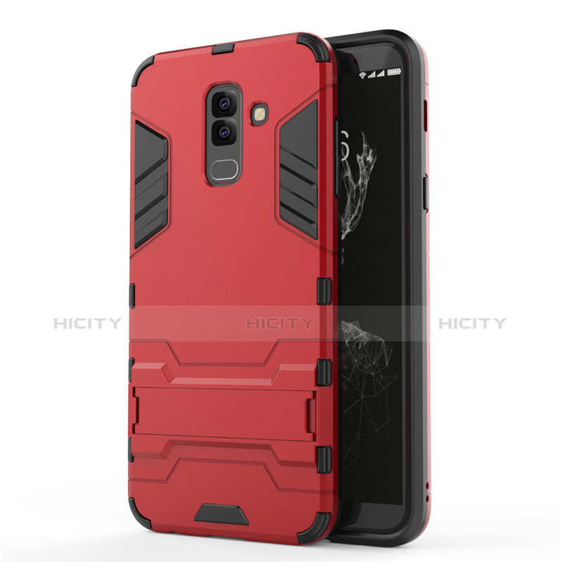 Housse Contour Silicone et Plastique Mat avec Support pour Samsung Galaxy A6 Plus (2018) Rouge Plus