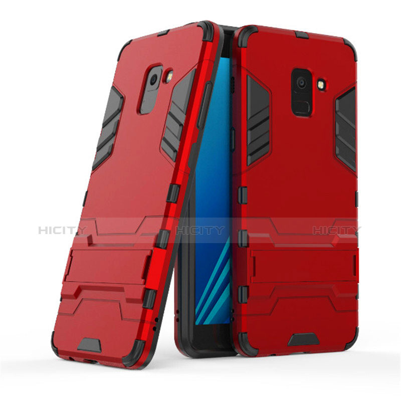 Housse Contour Silicone et Plastique Mat avec Support pour Samsung Galaxy A8+ A8 Plus (2018) Duos A730F Rouge Plus