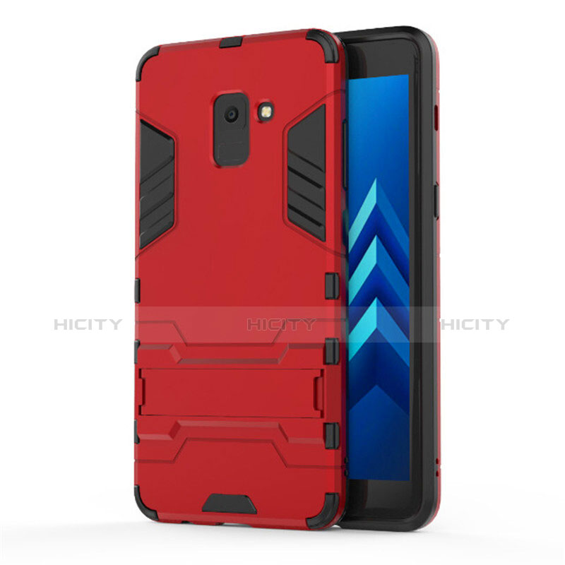 Housse Contour Silicone et Plastique Mat avec Support pour Samsung Galaxy A8+ A8 Plus (2018) Duos A730F Rouge Plus