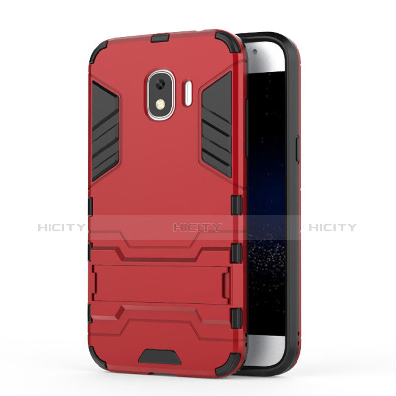 Housse Contour Silicone et Plastique Mat avec Support pour Samsung Galaxy J2 Pro (2018) J250F Rouge Plus