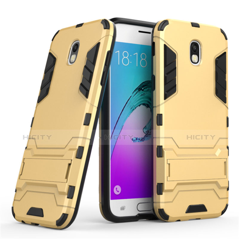 Housse Contour Silicone et Plastique Mat avec Support pour Samsung Galaxy J5 (2017) SM-J750F Or Plus