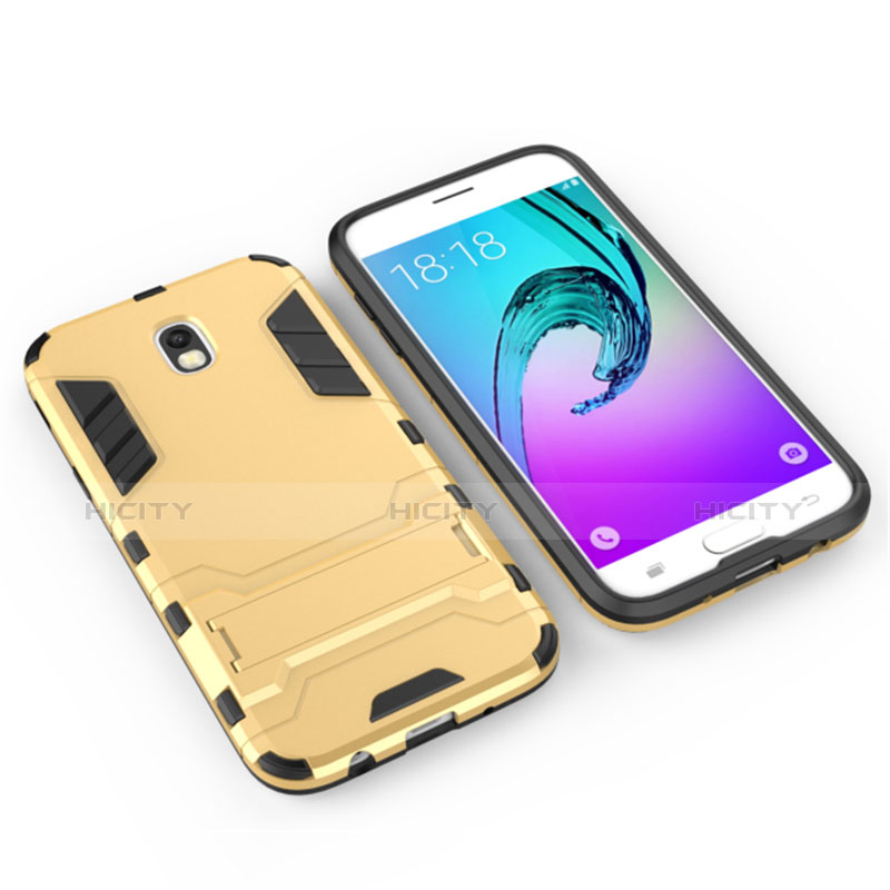 Housse Contour Silicone et Plastique Mat avec Support pour Samsung Galaxy J5 (2017) SM-J750F Or Plus