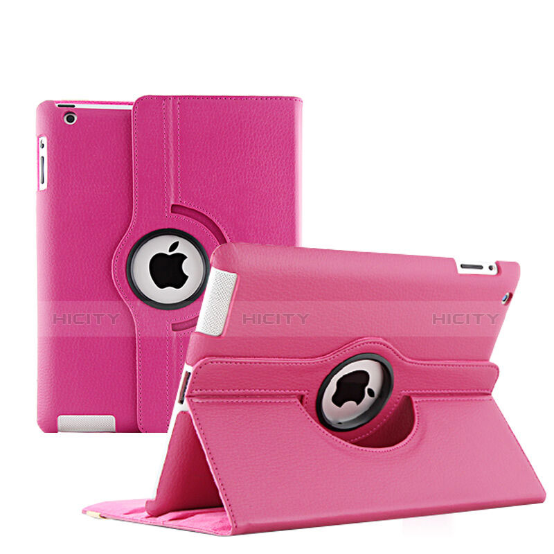 Housse Portefeuille Cuir Rotatif pour Apple iPad 2 Rose Rouge Plus