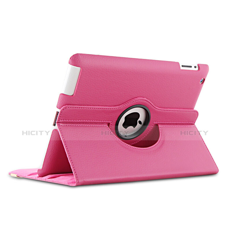 Housse Portefeuille Cuir Rotatif pour Apple iPad 2 Rose Rouge Plus